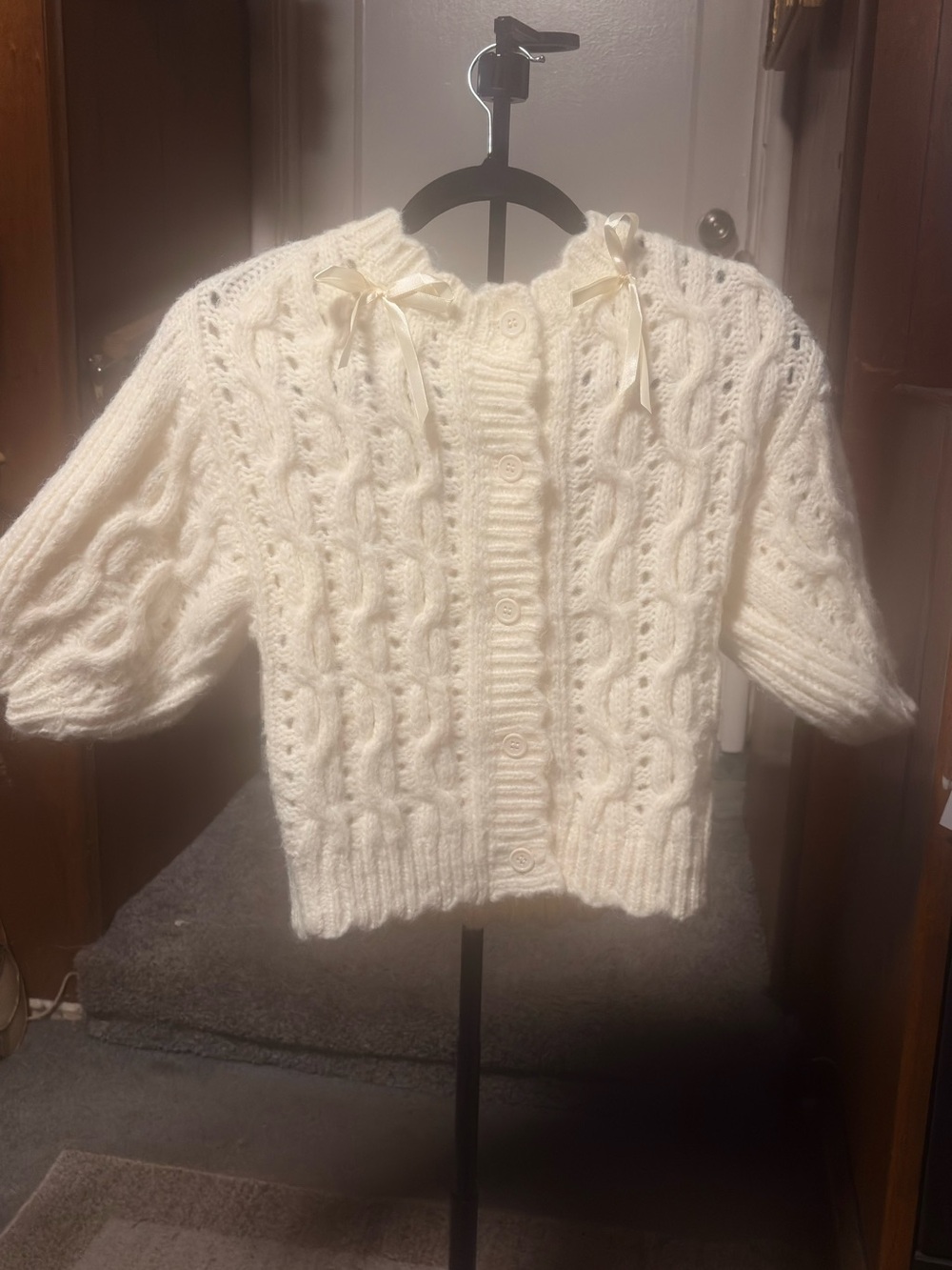 Astr Cream Cable Knit Button-Up Cardigan with Ribbon Ties